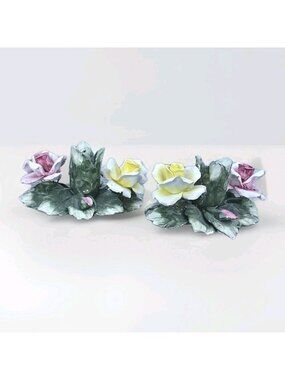 Pair Of Capodimonte Flower Candlestick Holder Made in  Italy Hand Painted Vintag